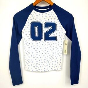 Navy blue + white long sleeve shirt, baseball tee, slightly cropped T shirt NEW